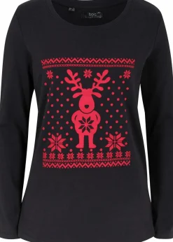 bonprix Shirts & Tops|Langarmshirt aus reiner Baumwolle schwarz/rot