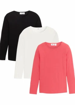 bonprix Mädchen 9-16 Jahre·Mehrfachpacks|Mädchen 9-16 Jahre·Shirts & Blusen|Langarmshirt aus reiner Baumwolle (3er Pack) schwarz+wollweiß+himbeere