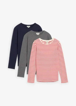 bonprix Mädchen 9-16 Jahre·Mehrfachpacks|Mädchen 9-16 Jahre·Shirts & Blusen|Langarmshirt aus reiner Bio-Baumwolle (3er Pack) erdbeere/wollweiß gestreift+dunkelblau+grau meliert