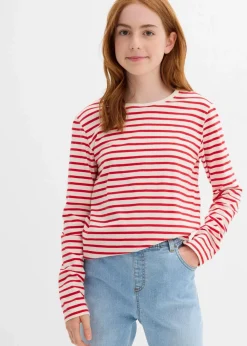 bonprix Mädchen 9-16 Jahre·Mehrfachpacks|Mädchen 9-16 Jahre·Shirts & Blusen|Langarmshirt aus reiner Bio-Baumwolle (3er Pack) erdbeere/wollweiß gestreift+dunkelblau+grau meliert