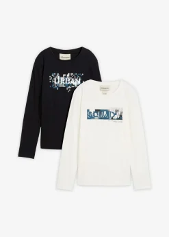 bonprix Jungen 9-16 Jahre·Mehrfachpacks|Jungen 9-16 Jahre·Shirts|Langarmshirt aus reiner Bio-Baumwolle (2er Pack) wollweiß bedruckt + schwarz bedruckt