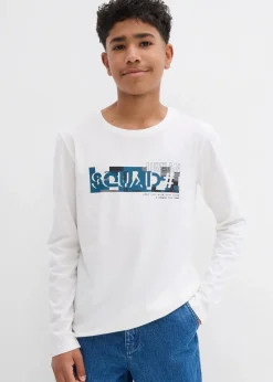 bonprix Jungen 9-16 Jahre·Mehrfachpacks|Jungen 9-16 Jahre·Shirts|Langarmshirt aus reiner Bio-Baumwolle (2er Pack) wollweiß bedruckt + schwarz bedruckt