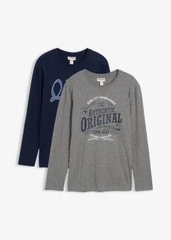bonprix Shirts & Polos|Große Größen|Langarmshirt aus reiner Bio-Baumwolle (2er Pack) dunkelblau+grau meliert bedruckt