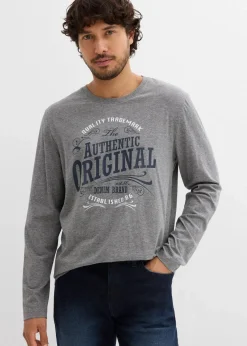 bonprix Shirts & Polos|Große Größen|Langarmshirt aus reiner Bio-Baumwolle (2er Pack) dunkelblau+grau meliert bedruckt