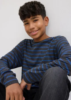 bonprix Jungen 9-16 Jahre·Mehrfachpacks|Jungen 9-16 Jahre·Shirts|Langarmshirt aus reiner Bio-Baumwolle (2er Pack) anthrazit meliert/hellindigo gestreift+hellindigo