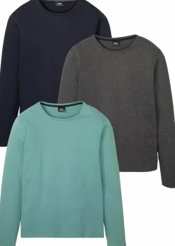 bonprix Shirts & Polos|Basics|Langarmshirt (3er Pack) rauchsalbei+anthrazit meliert+dunkelblau