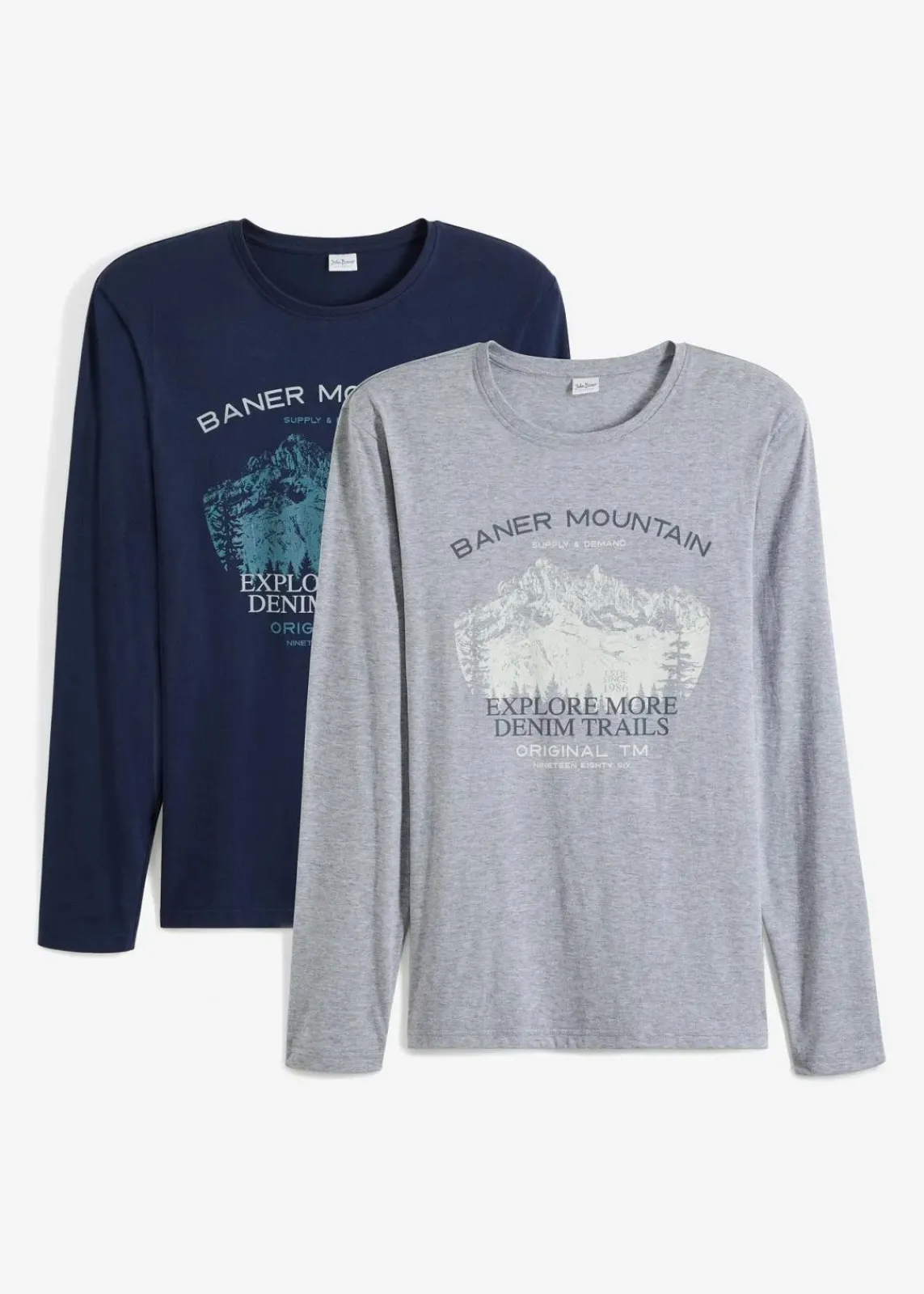 bonprix Shirts & Polos|Große Größen|Langarmshirt (2er Pack) dunkelblau+hellgrau meliert bedruckt