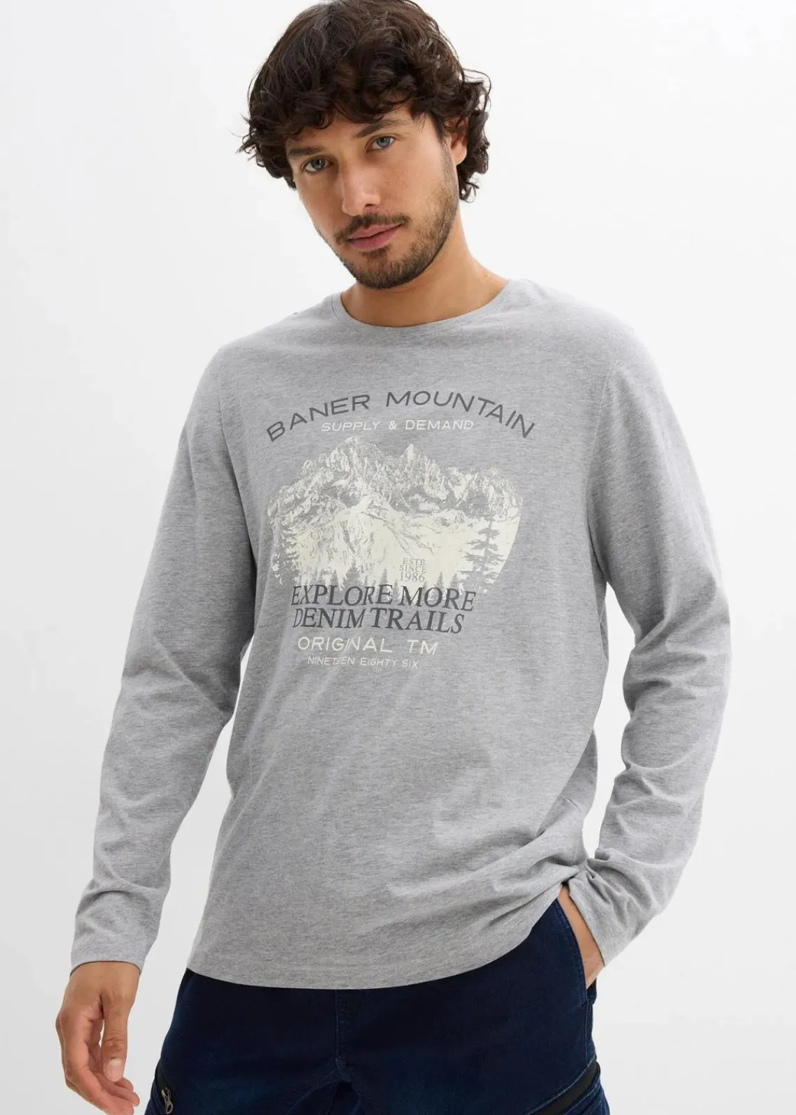 bonprix Shirts & Polos|Große Größen|Langarmshirt (2er Pack) dunkelblau+hellgrau meliert bedruckt