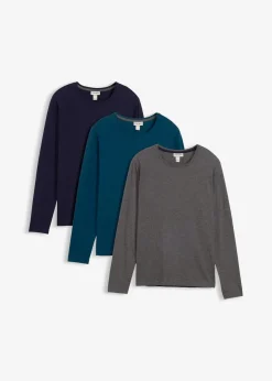 bonprix Große Größen|Basics|Langarmshirt (3er Pack) blaupetrol+grau meliert+dunkelblau