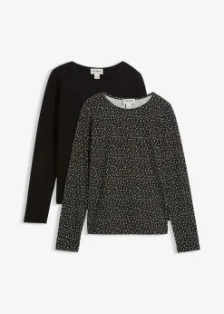bonprix Bekleidung·Röcke|Basics|Langarmshirt (2er Pack) aus Baumwoll-Elasthan Mix schwarz/wollweiß
