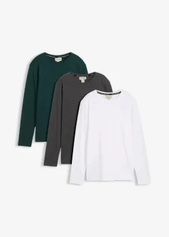 bonprix Jungen 2-8 Jahre·Nachhaltigere Materialien|Jungen 9-16 Jahre·Shirts|Langarmshirt mit Bio Baumwolle (3er-Pack) weiß+anthrazit meliert+tiefgrün