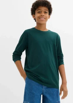bonprix Jungen 2-8 Jahre·Nachhaltigere Materialien|Jungen 9-16 Jahre·Shirts|Langarmshirt mit Bio Baumwolle (3er-Pack) weiß+anthrazit meliert+tiefgrün