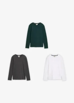 bonprix Jungen 2-8 Jahre·Nachhaltigere Materialien|Jungen 9-16 Jahre·Shirts|Langarmshirt mit Bio Baumwolle (3er-Pack) weiß+anthrazit meliert+tiefgrün