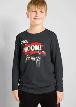 bonprix Jungen 9-16 Jahre·Mehrfachpacks|Jungen 9-16 Jahre·Shirts|Langarmshirt mit Bio-Baumwolle (2er-Pack) schwarz+hellgrau meliert bedruckt