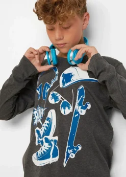 bonprix Jungen 9-16 Jahre·Mehrfachpacks|Jungen 9-16 Jahre·Bademode|Langarmshirt mit Bio-Baumwolle (2er-Pack) anthrazit meliert+azurblau bedruckt