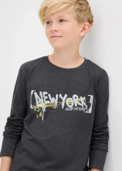 bonprix Jungen 9-16 Jahre·Shirts|Langarmshirt mit Druck anthrazit meliert bedruckt