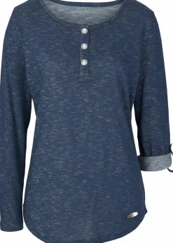 bonprix Shirts & Tops|Langarmshirt mit Knopfleiste aus Baumwoll-Mix dunkelblau meliert
