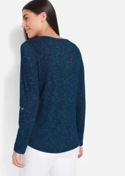 bonprix Shirts & Tops|Langarmshirt mit Knopfleiste aus Baumwoll-Mix dunkelblau meliert