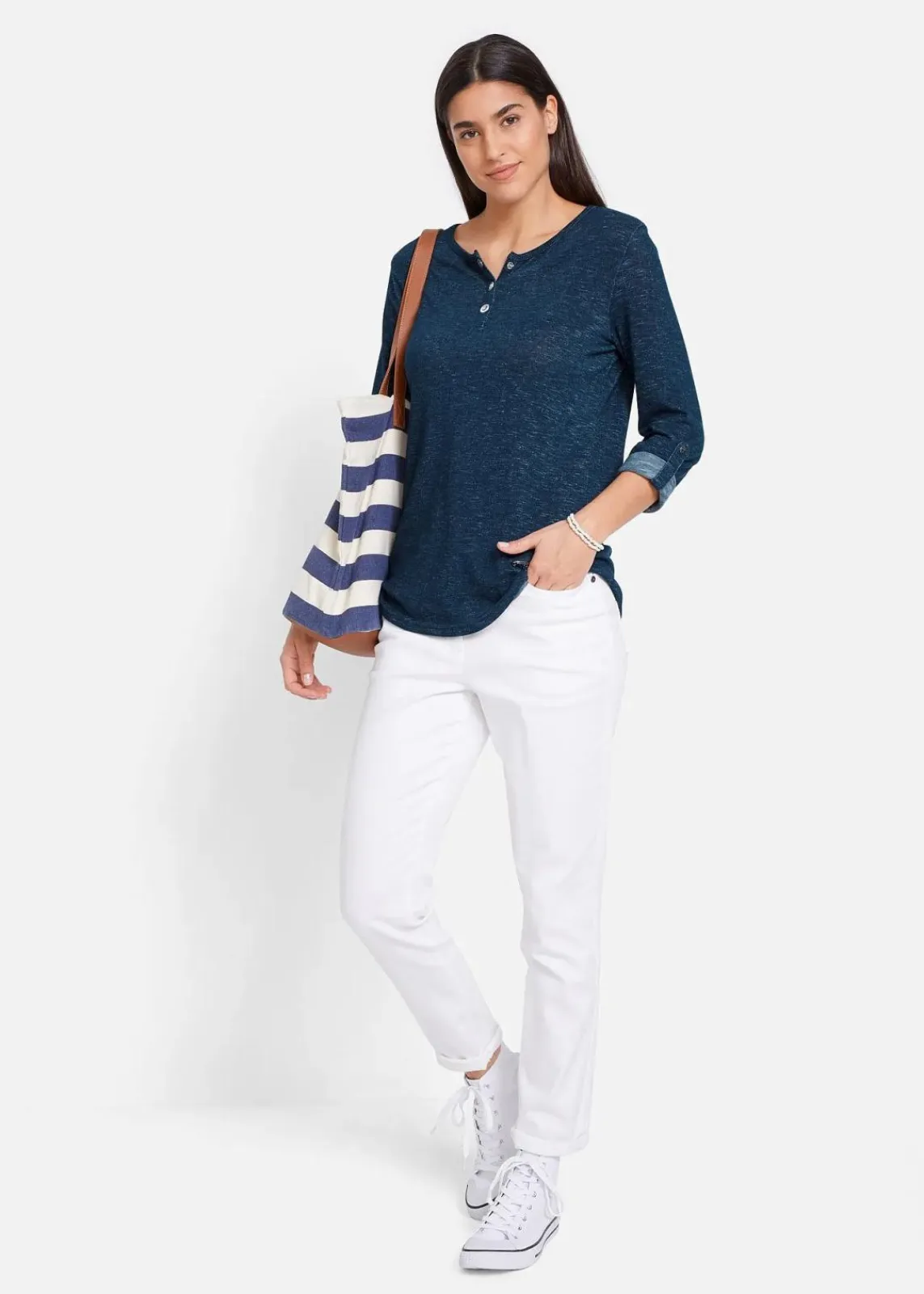 bonprix Shirts & Tops|Langarmshirt mit Knopfleiste aus Baumwoll-Mix dunkelblau meliert