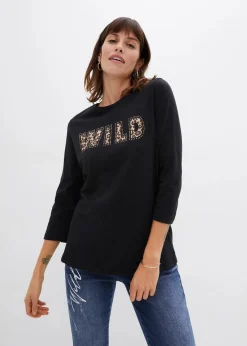 bonprix Shirts & Tops|Langarmshirt mit Nieten und Druck schwarz bedruckt