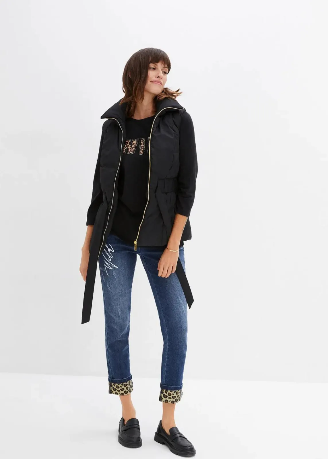 bonprix Shirts & Tops|Langarmshirt mit Nieten und Druck schwarz bedruckt