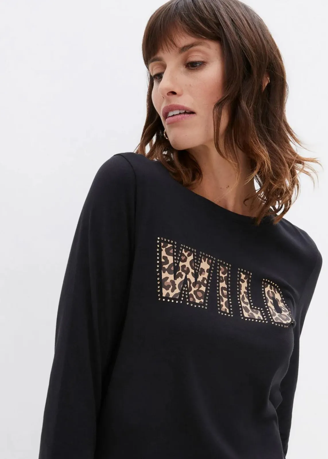 bonprix Shirts & Tops|Langarmshirt mit Nieten und Druck schwarz bedruckt