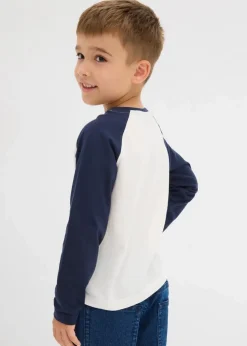 bonprix Jungen 2-8 Jahre·Nachhaltigere Materialien|Jungen 2-8 Jahre·Shirts|Langarmshirt mit Raglanärmeln aus reiner Bio-Baumwolle wollweiß/dunkelblau