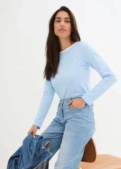 bonprix Nachhaltigere Materialien|Shirts & Tops|Langarmshirt mit reiner Bio-Baumwolle hellblau/weiß gestreift