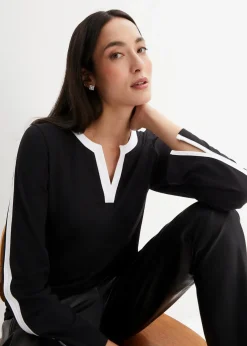 bonprix Shirts & Tops|Langarmshirt mit Schlitz schwarz/weiß