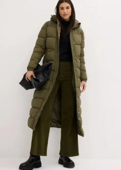 bonprix Bekleidung·Hosen|Jacken & Mäntel|Langer Stepp-Mantel mit Kapuze dunkeloliv