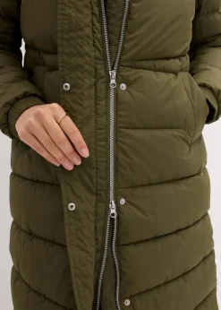 bonprix Bekleidung·Hosen|Jacken & Mäntel|Langer Stepp-Mantel mit Kapuze dunkeloliv