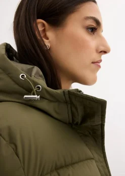 bonprix Bekleidung·Hosen|Jacken & Mäntel|Langer Stepp-Mantel mit Kapuze dunkeloliv