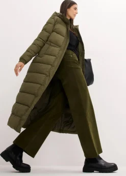 bonprix Bekleidung·Hosen|Jacken & Mäntel|Langer Stepp-Mantel mit Kapuze dunkeloliv