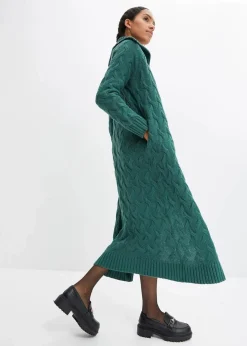 bonprix Pullover & Strickjacken|Strickmode|Langer Strickmantel aus Zopfstrick mattgrün