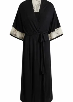 bonprix Wäsche·Dessous|Wäsche·Bademäntel|Langer Viskose Kimono mit Stickerei schwarz/kreidebeige