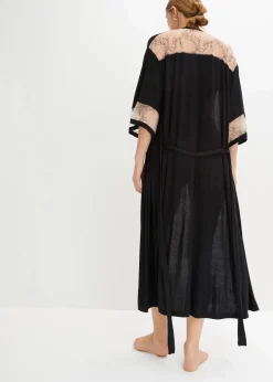 bonprix Wäsche·Dessous|Wäsche·Bademäntel|Langer Viskose Kimono mit Stickerei schwarz/kreidebeige