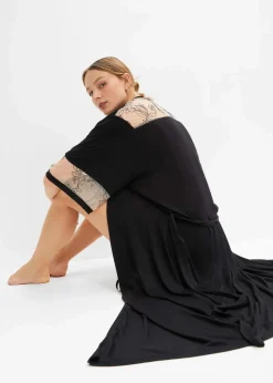 bonprix Wäsche·Dessous|Wäsche·Bademäntel|Langer Viskose Kimono mit Stickerei schwarz/kreidebeige