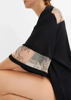 bonprix Wäsche·Dessous|Wäsche·Bademäntel|Langer Viskose Kimono mit Stickerei schwarz/kreidebeige