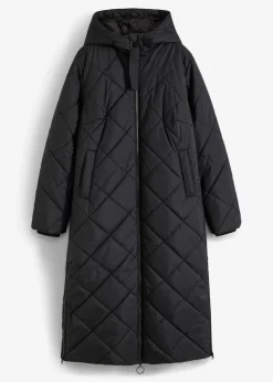 bonprix Bekleidung·Hosen|Nachhaltigere Materialien|Langer, wattierter Steppmantel mit Kapuze schwarz