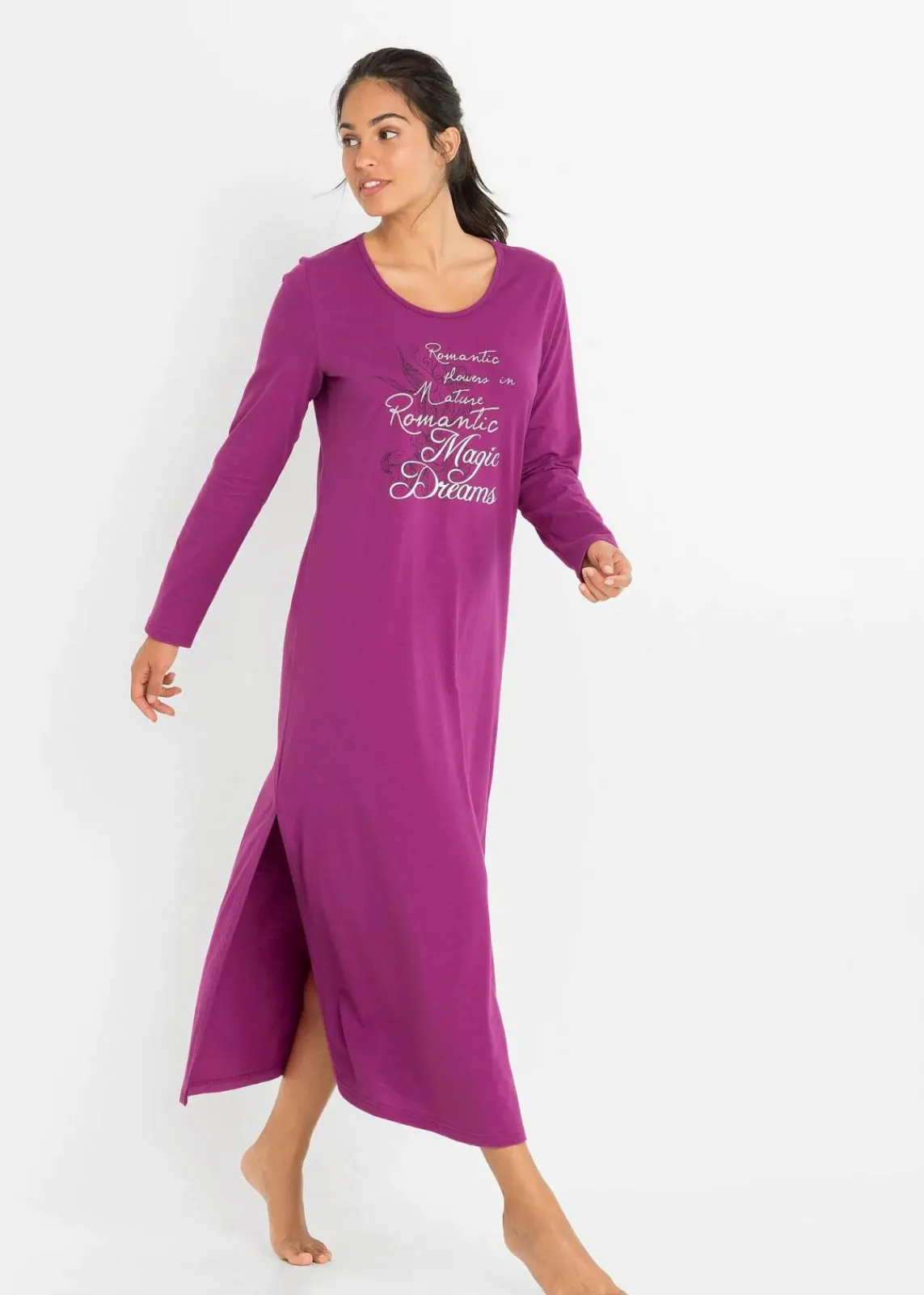 bonprix Nachtwäsche|Wäsche·Nachtwäsche|Langes Nachthemd aus reiner Bio-Baumwolle violettorchidee bedruckt