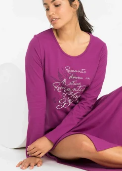 bonprix Nachtwäsche|Wäsche·Nachtwäsche|Langes Nachthemd aus reiner Bio-Baumwolle violettorchidee bedruckt