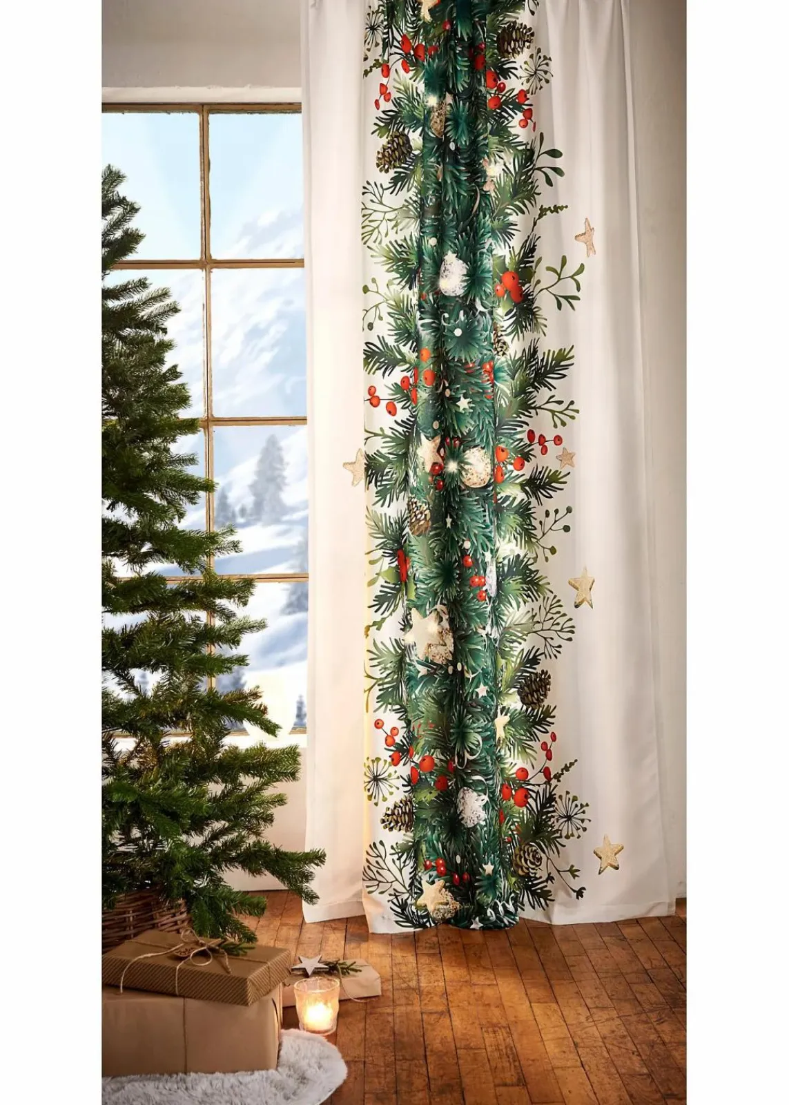 bonprix Vorhänge|Weihnachtsdeko & -Textilien·Gardinen|LED Vorhang mit weihnachtlichem Druck (1er Pack) weiss/bunt