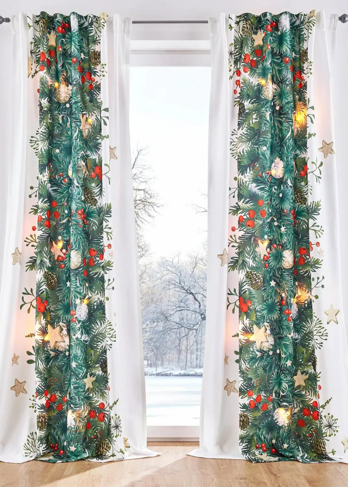 bonprix Vorhänge|Weihnachtsdeko & -Textilien·Gardinen|LED Vorhang mit weihnachtlichem Druck (1er Pack) weiss/bunt