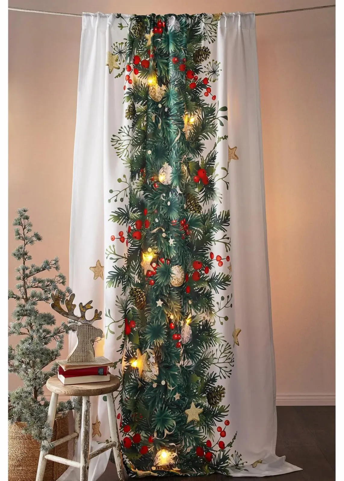 bonprix Vorhänge|Weihnachtsdeko & -Textilien·Gardinen|LED Vorhang mit weihnachtlichem Druck (1er Pack) weiss/bunt