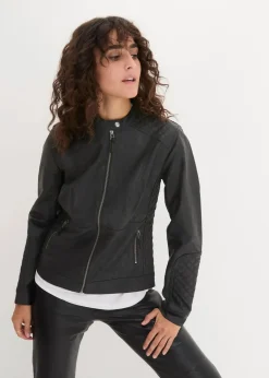 bonprix Bekleidung·Hosen|Jacken & Mäntel|Lederimitat Biker-Jacke schwarz