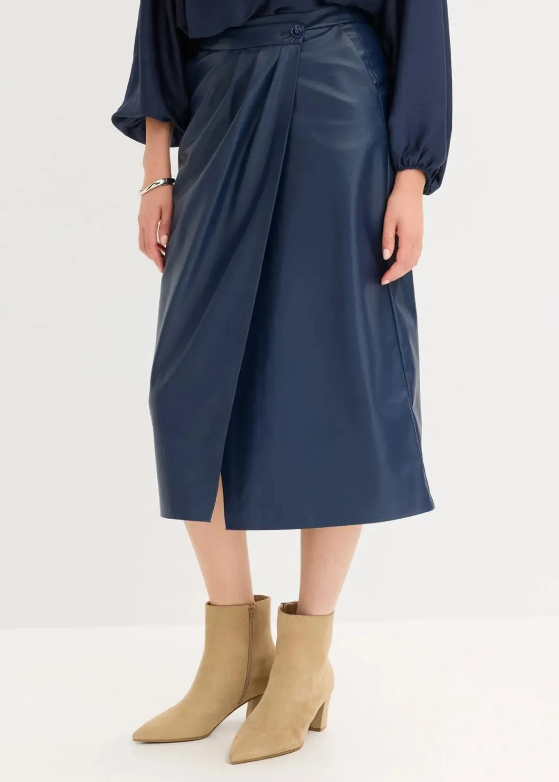 bonprix Bekleidung·Sportbekleidung|Röcke|Lederimitat Midi-Wickelrock dunkelblau