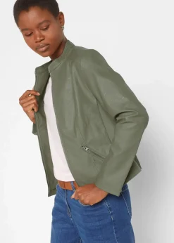 bonprix Bekleidung·Hosen|Jacken & Mäntel|Lederimitat-Jacke aus reiner Viskose oliv