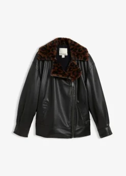 bonprix Bekleidung·Hosen|Jacken & Mäntel|Lederimitat-Jacke mit Leoparden Kunstfell schwarz