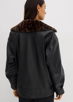 bonprix Bekleidung·Hosen|Jacken & Mäntel|Lederimitat-Jacke mit Leoparden Kunstfell schwarz