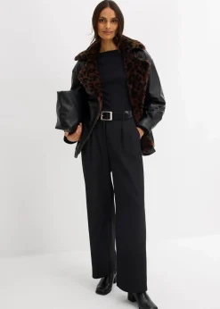 bonprix Bekleidung·Hosen|Jacken & Mäntel|Lederimitat-Jacke mit Leoparden Kunstfell schwarz